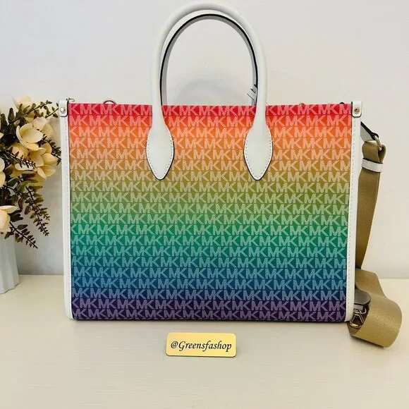 Michael Kors Purse Mirella Medium Ombré Logo Tote Bag Rainbow - Picture 8 of 9